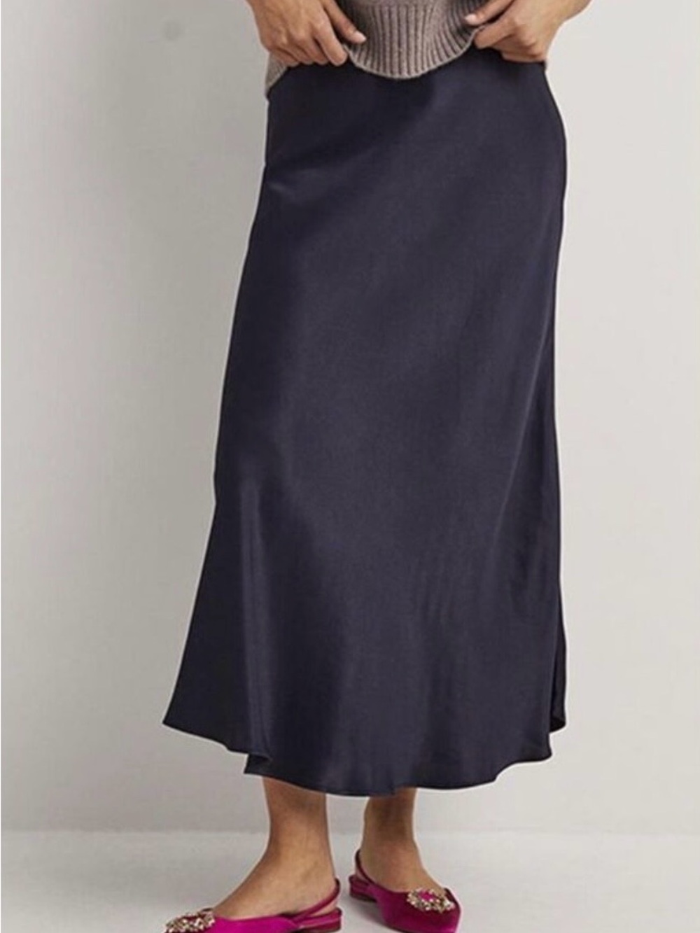 Boden Navy Satin Bias Cut Side Zip Midi Skirt